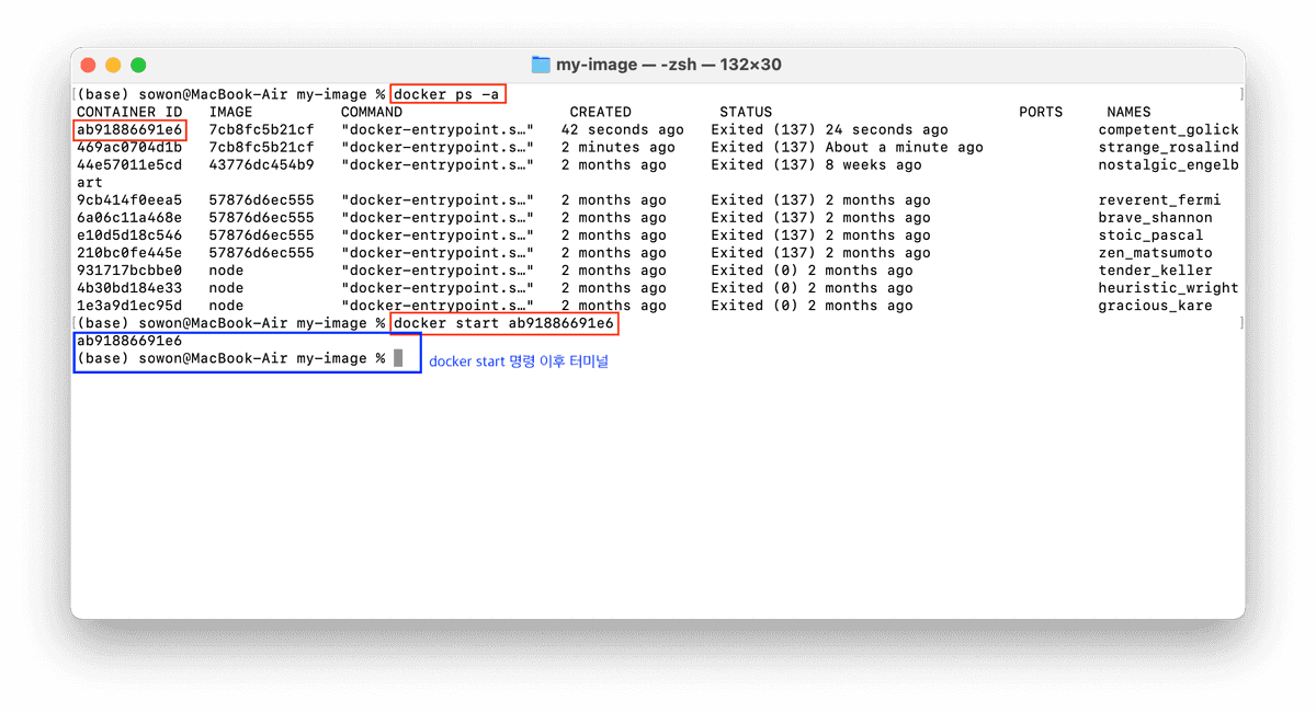 docker start 명령으로 컨테이너를 시작했을 때